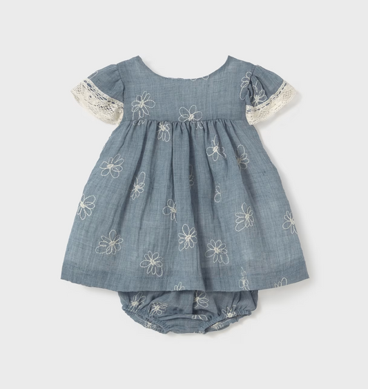BABY GIRL EMBROIDERED WHITE FLOWER NAVY DRESS WITH NAPPY COVER | MAYORAL