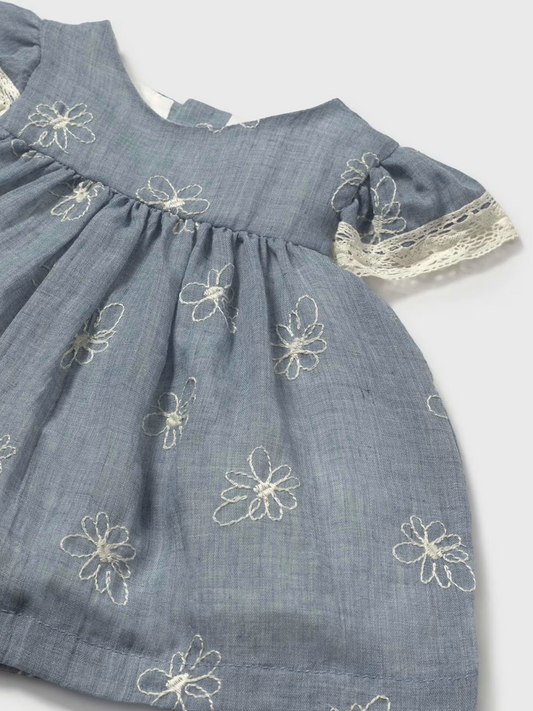 BABY GIRL EMBROIDERED WHITE FLOWER NAVY DRESS WITH NAPPY COVER | MAYORAL