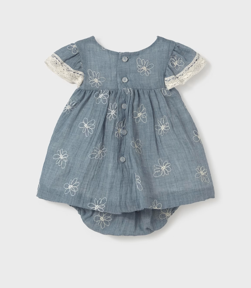 BABY GIRL EMBROIDERED WHITE FLOWER NAVY DRESS WITH NAPPY COVER | MAYORAL