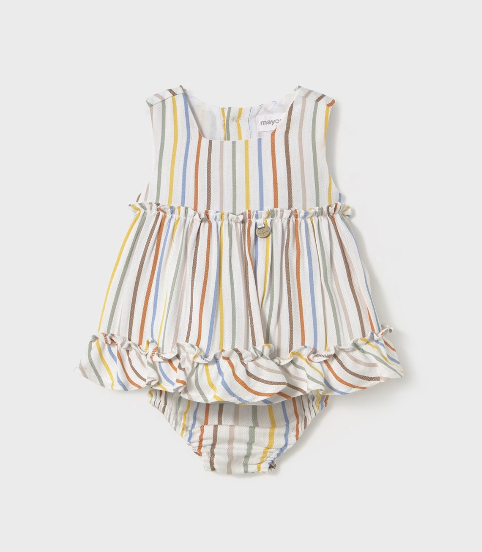 Striped baby romper with ruffled details on a white background BABY GIRL STRIPE DRESS WITH NAPPY COVER | MAYORAL 