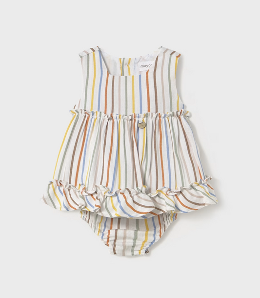 Striped baby romper with ruffled details on a white background BABY GIRL STRIPE DRESS WITH NAPPY COVER | MAYORAL 