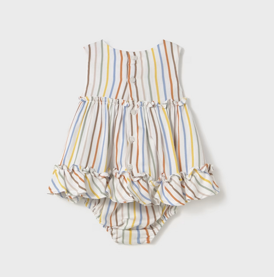 Striped baby romper with ruffles on a light gray background BABY GIRL STRIPE DRESS WITH NAPPY COVER | MAYORAL 