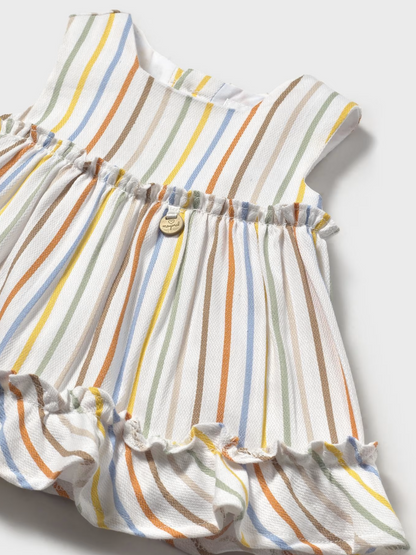 Striped baby romper with colorful pattern on a light background BABY GIRL STRIPE DRESS WITH NAPPY COVER | MAYORAL 