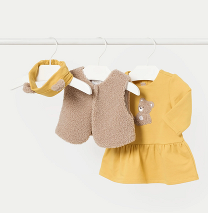 Mayoral girls Children's outfit with yellow top, beige vest, and headband on a white background. BABY GIRL TEDDY DRESS, GILET & HEADBAND SET - SAFFRON YELLOW | MAYORAL