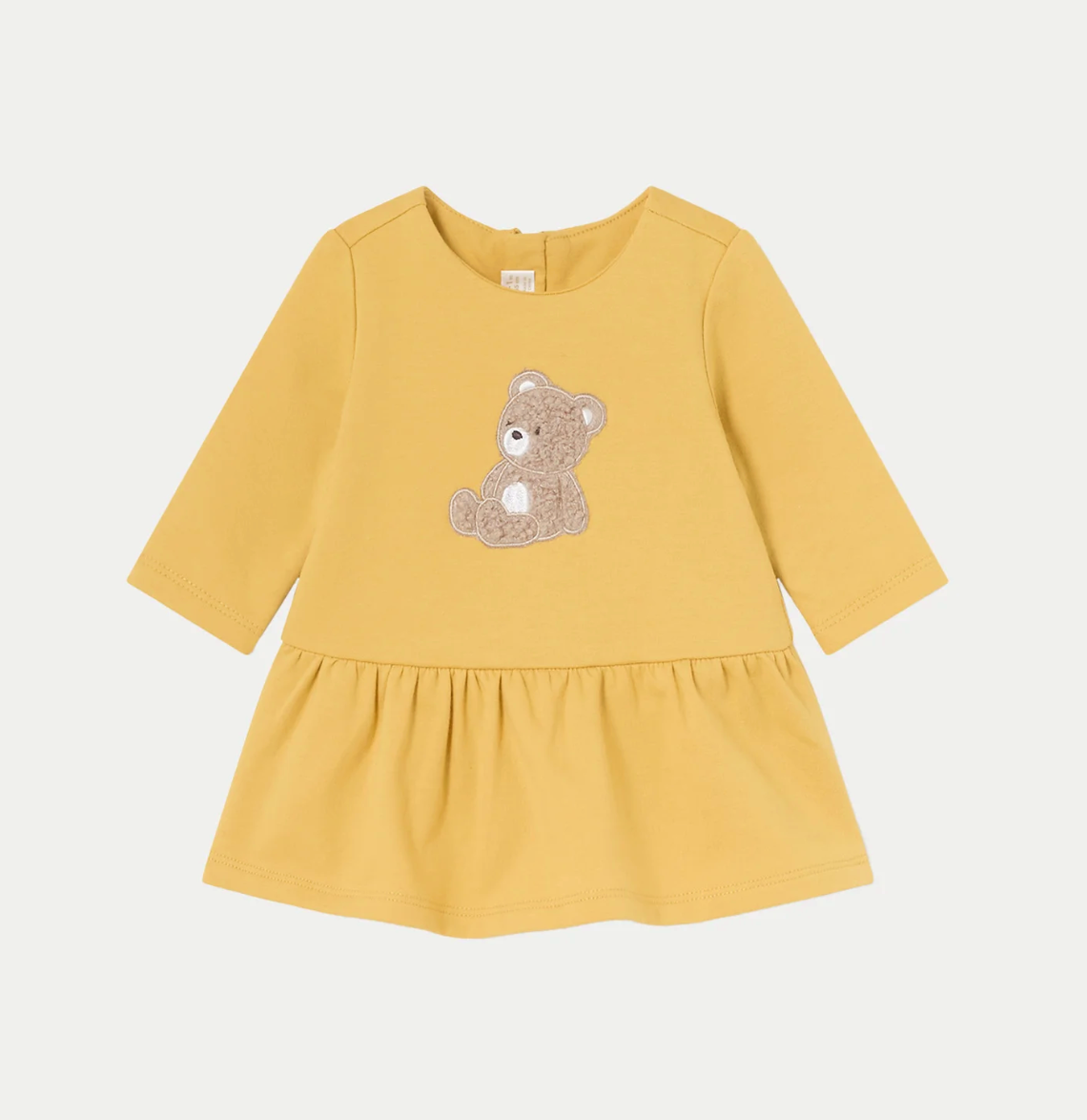 Mayoral Yellow dress with a teddy bear design. BABY GIRL TEDDY DRESS, GILET & HEADBAND SET - SAFFRON YELLOW | MAYORAL