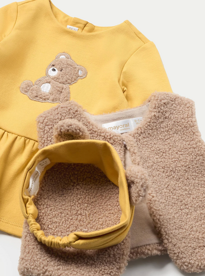Mayoral girls Yellow dress with teddy bear design, fluffy gilet and matching headband. BABY GIRL TEDDY DRESS, GILET & HEADBAND SET - SAFFRON YELLOW | MAYORAL
