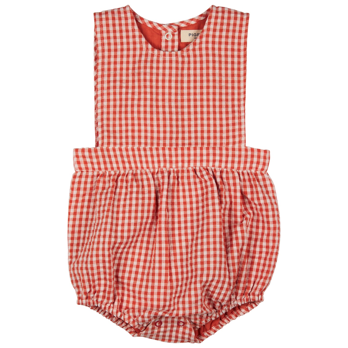 Red and white checkered baby romper. BABY ORGANIC COTTON SEERSUCKER BIB ROMPER - ORANGE | PIGEON ORGANICS