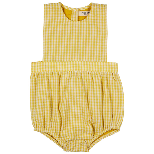 Yellow checkered baby romper. BABY ORGANIC COTTON SEERSUCKER BIB ROMPER - ORANGE | PIGEON ORGANICS