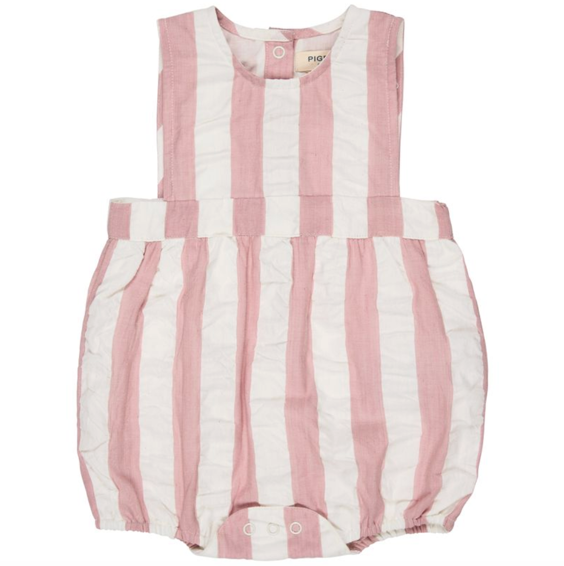 Pink and white Pigeon Organics striped baby romper on a white background