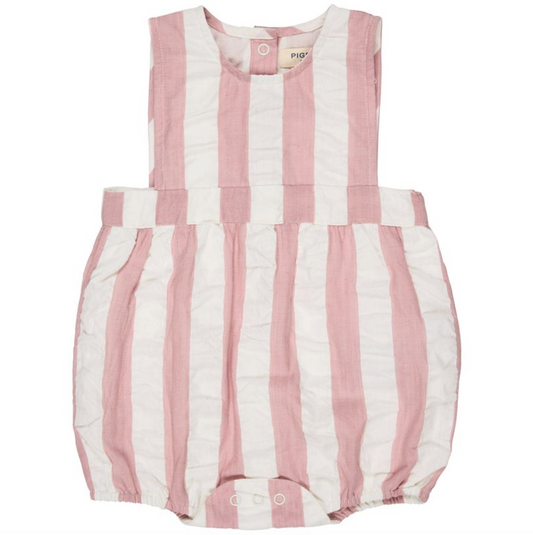 Pink and white Pigeon Organics striped baby romper on a white background