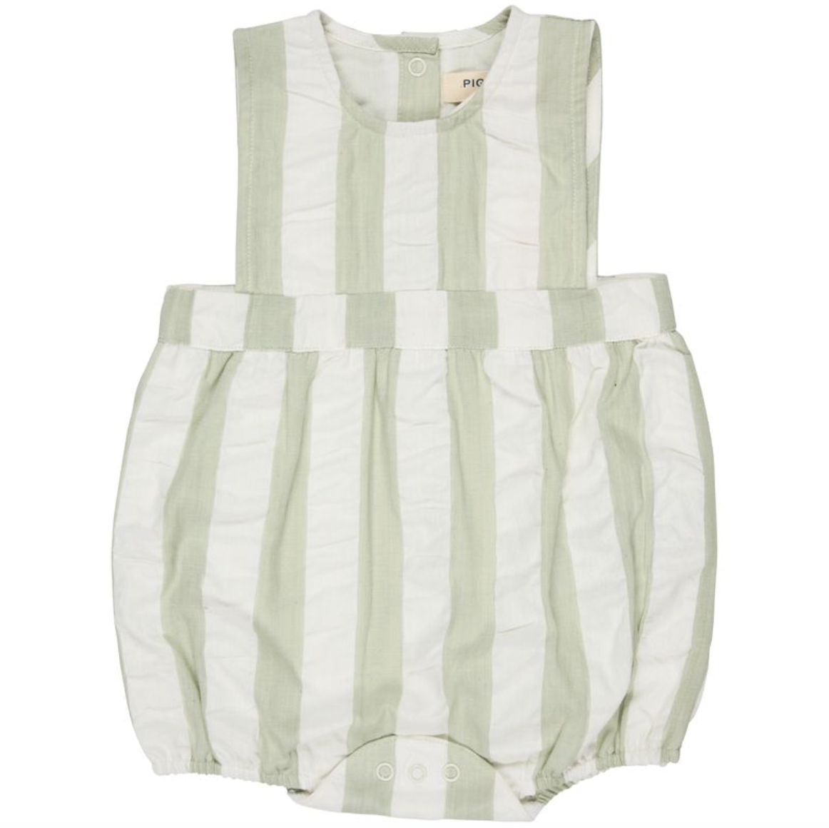 Green and white Pigeon Organics striped baby romper on a white background