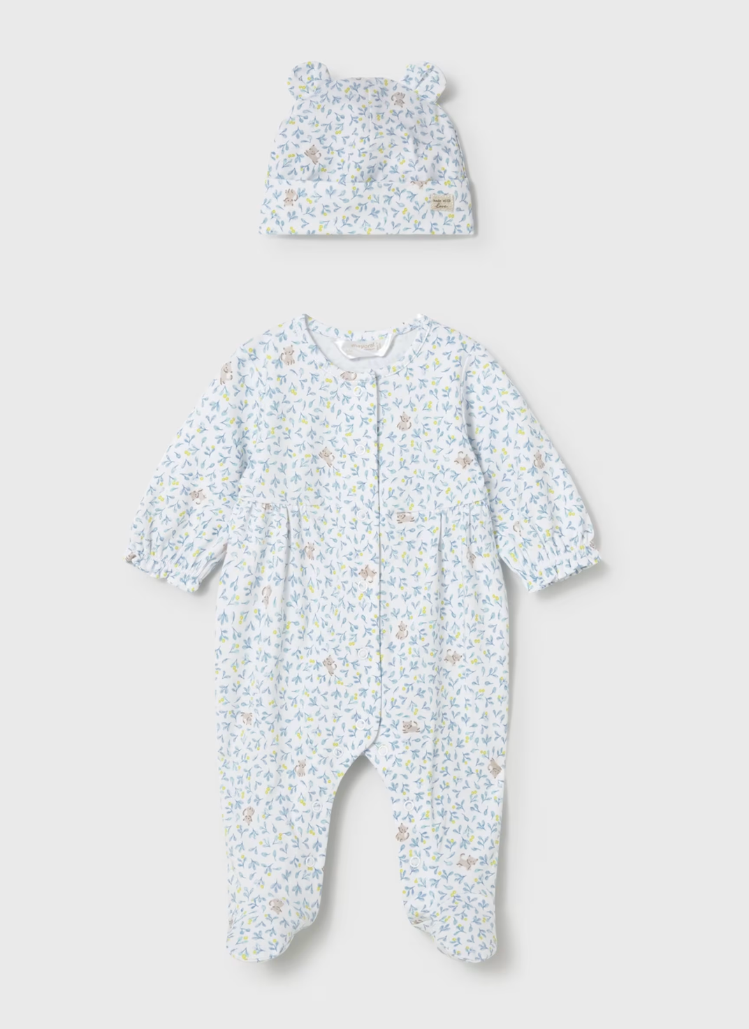 Baby onesie and hat set with floral pattern. BABY SLEEPSUIT WITH HAT - FLOWERS & KITTENS | MAYORAL