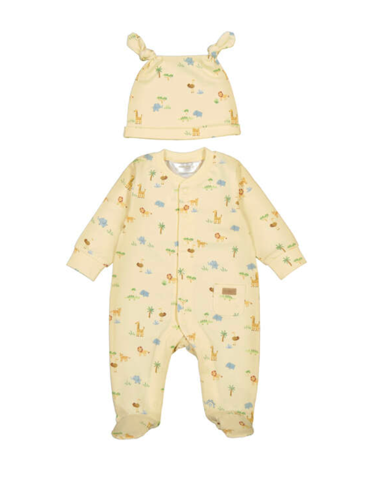 Baby onesie and hat set with animal prints on a white background