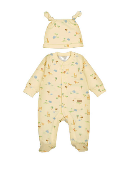 Baby onesie and hat set with animal prints on a white background
