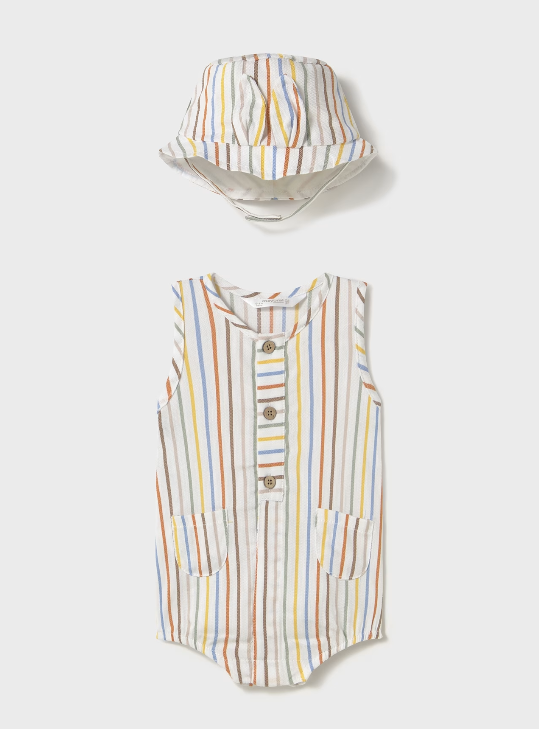 Striped baby romper with matching hat. BABY STRIPE LIGHT ROMPER WITH SUN HAT | MAYORAL