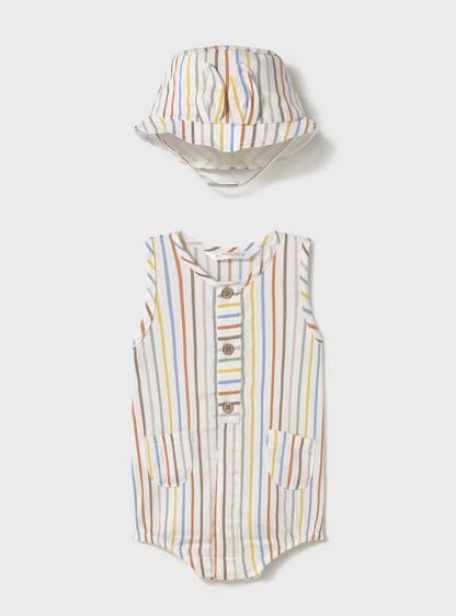 Striped baby romper with matching hat. BABY STRIPE LIGHT ROMPER WITH SUN HAT | MAYORAL