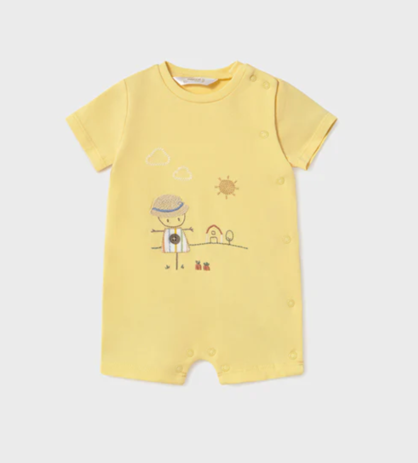Yellow baby romper with cartoon design on a light gray background BABY SUMMER YELLOW FARM ROMPER | MAYORAL 