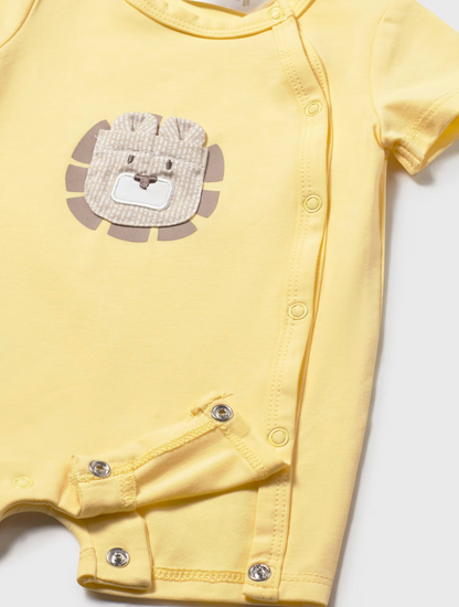 Yellow baby romper with lion design. BABY UNISEX SHORT SUNSHINE YELLOW LION ROMPER | MAYORAL