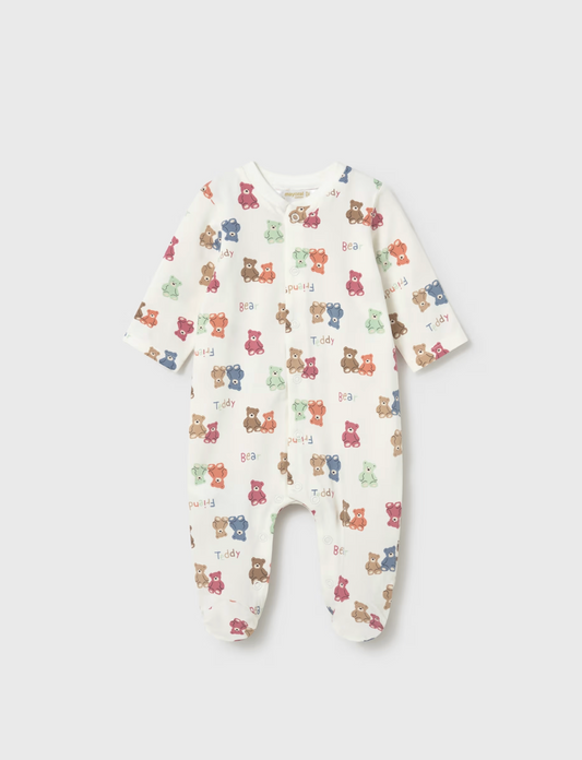 Baby onesie with teddy bear pattern. BABY UNISEX SLEEPSUIT - RAINBOW TEDDY PATTERN | MAYORAL
