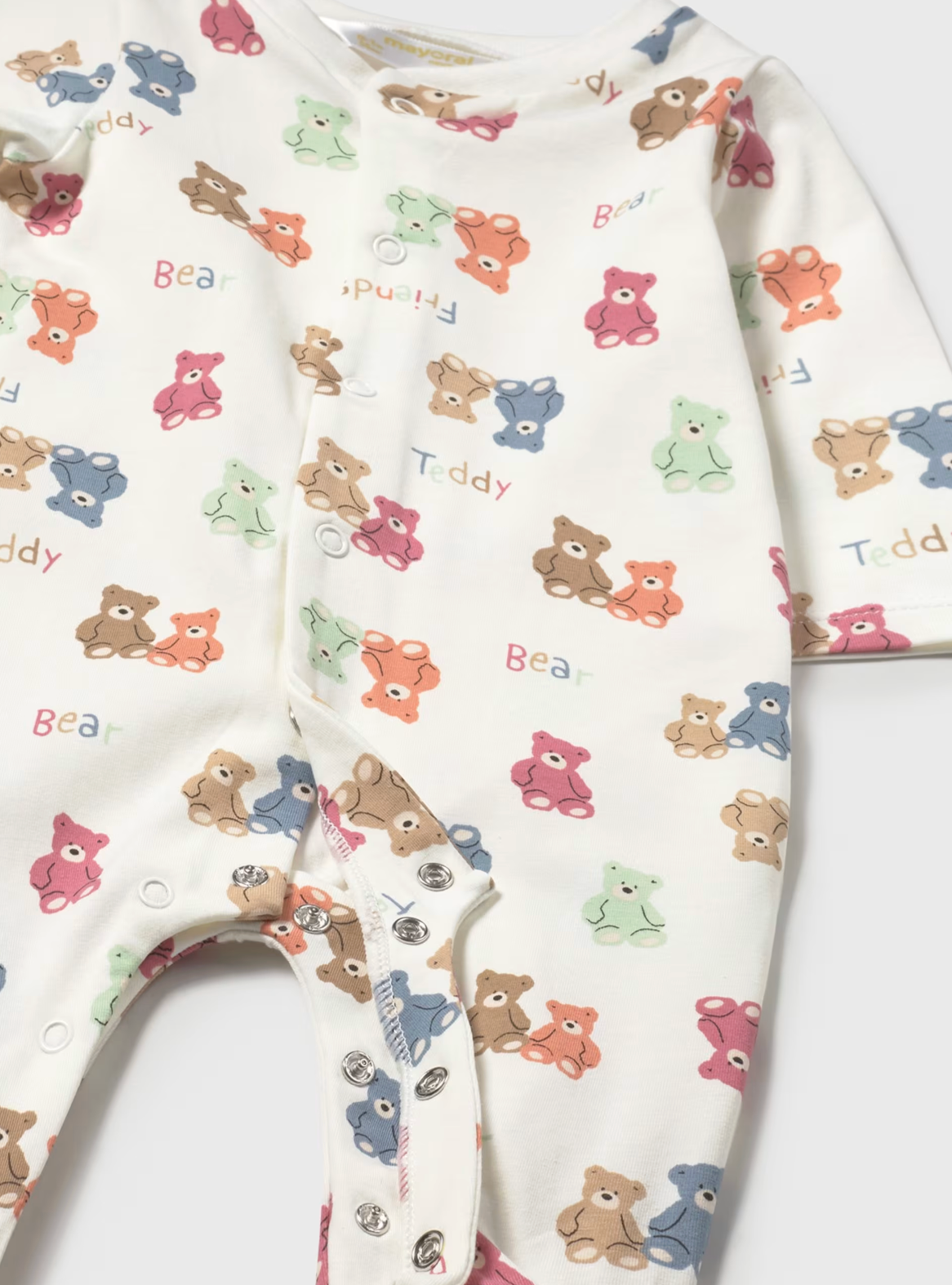 Baby outfit with teddy bear pattern. BABY UNISEX SLEEPSUIT - RAINBOW TEDDY PATTERN | MAYORAL
