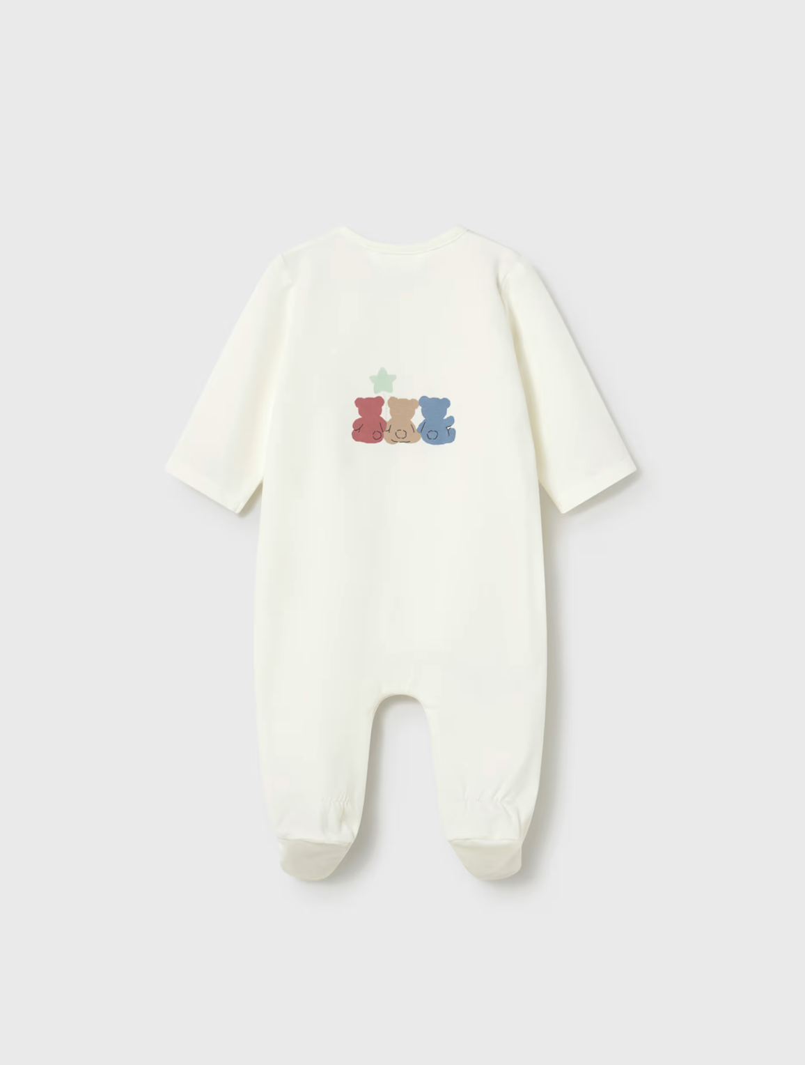 White baby onesie with colorful text. BABY UNISEX SLEEPSUIT - TEDDYS IN A ROW | MAYORAL