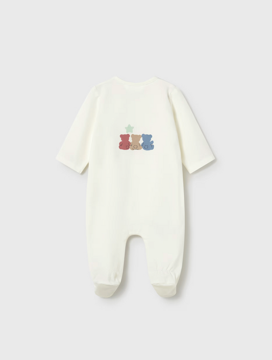 White baby onesie with colorful text. BABY UNISEX SLEEPSUIT - TEDDYS IN A ROW | MAYORAL