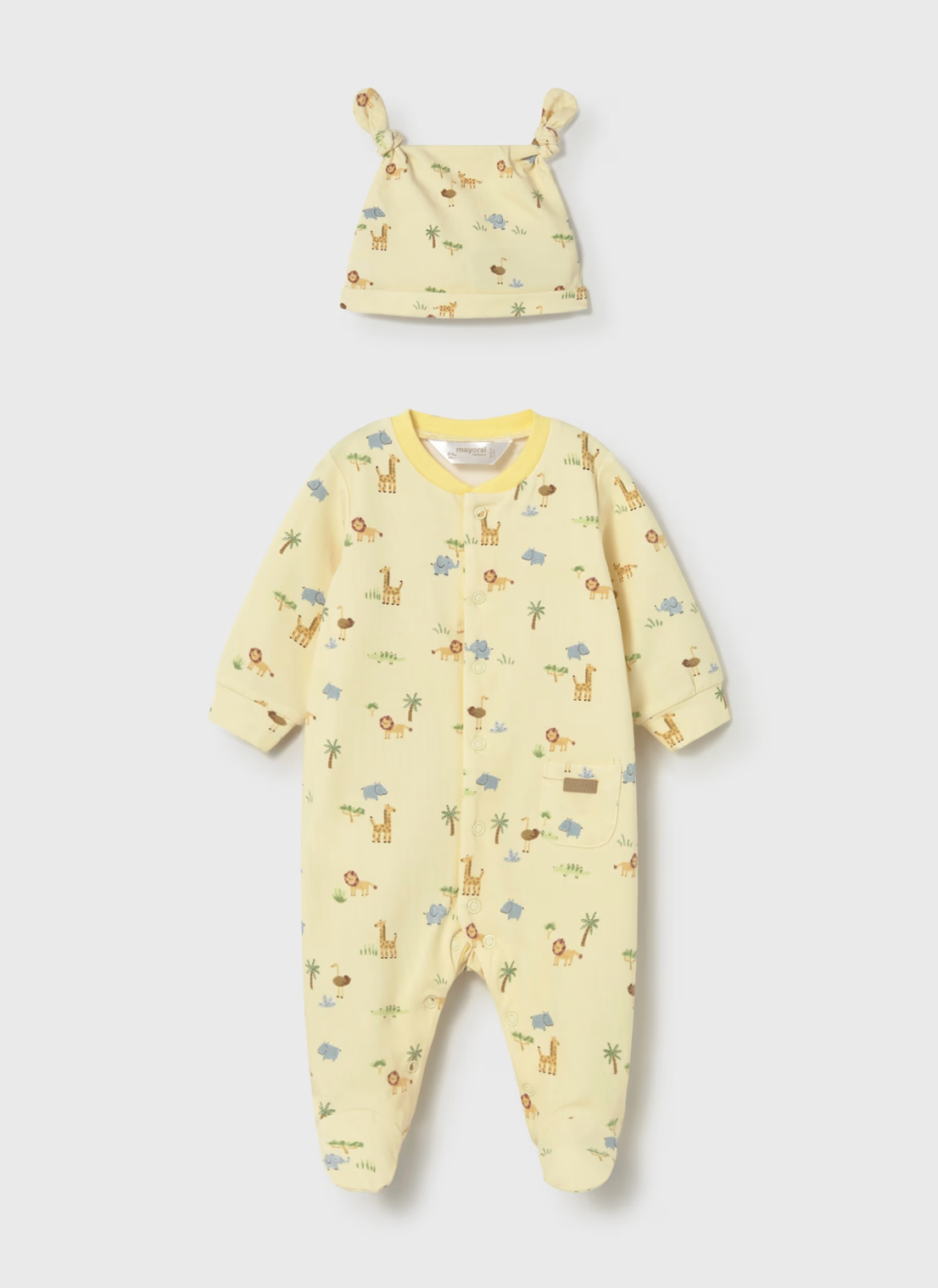 Yellow baby onesie with animal prints and matching hat. BABY UNISEX SLEEPSUIT WITH HAT - SUNSHINE & SAFARI | MAYORAL