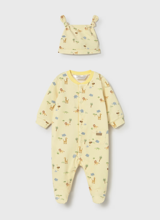 Yellow baby onesie with animal prints and matching hat. BABY UNISEX SLEEPSUIT WITH HAT - SUNSHINE & SAFARI | MAYORAL
