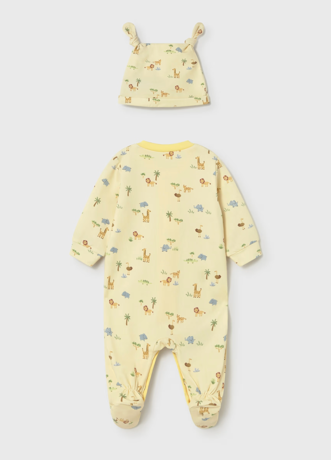 Yellow baby romper with animal prints and matching hat. BABY UNISEX SLEEPSUIT WITH HAT - SUNSHINE & SAFARI | MAYORAL