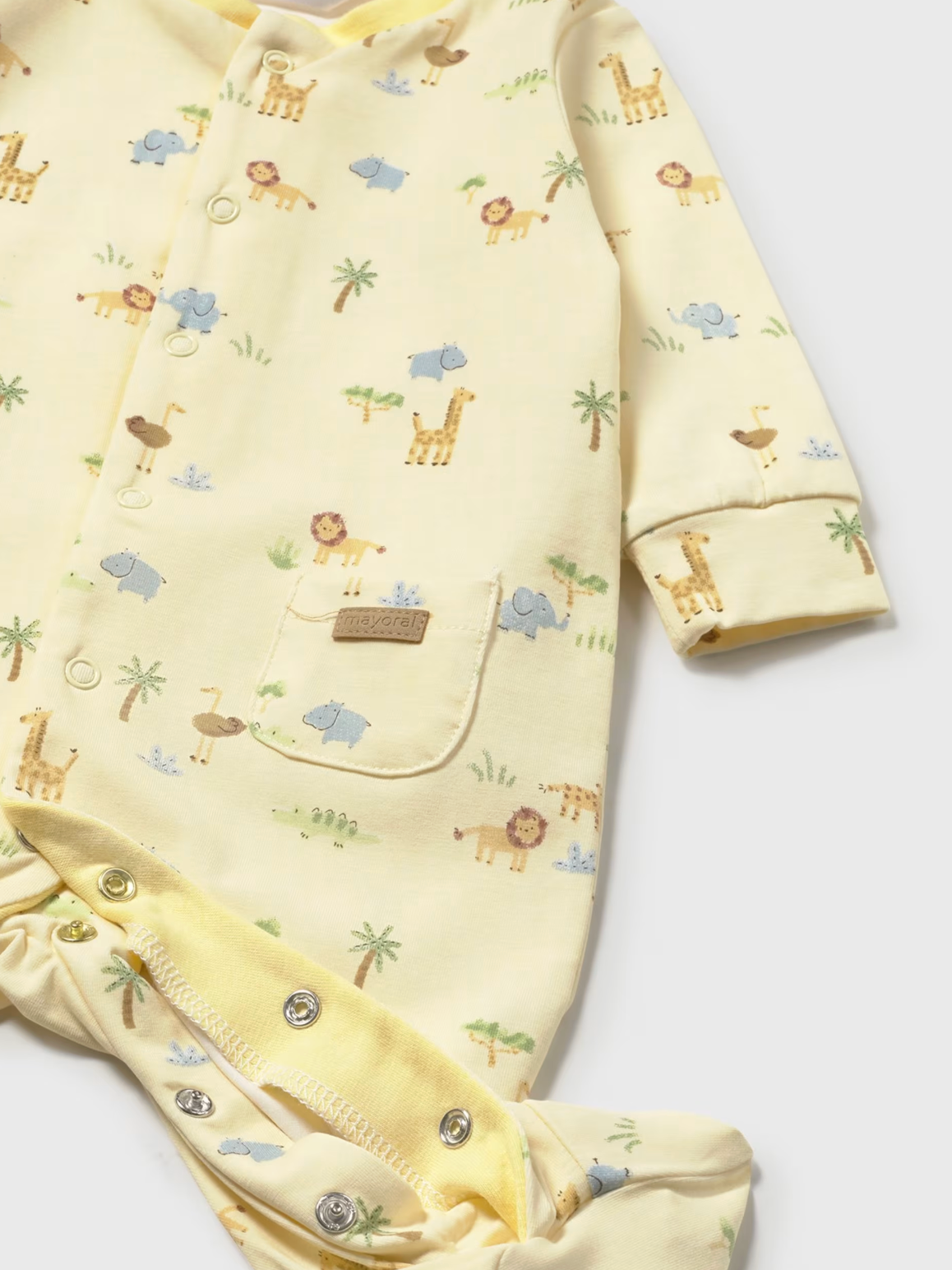 Yellow baby onesie with animal prints. BABY UNISEX SLEEPSUIT WITH HAT - SUNSHINE & SAFARI | MAYORAL