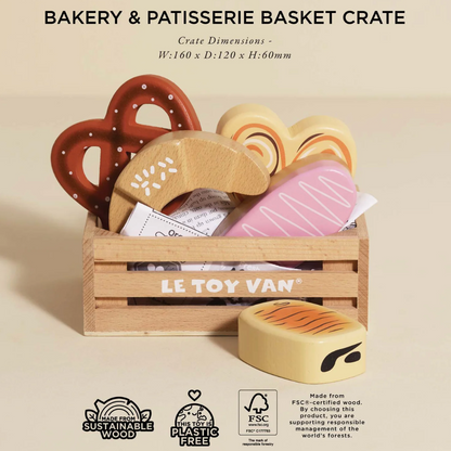 Wooden crate with toy bakery items and Le Toy Van branding on a beige background. BAKERY & PATISSERIE MARKET CRATE WOODEN TOY | LE TOY VAN