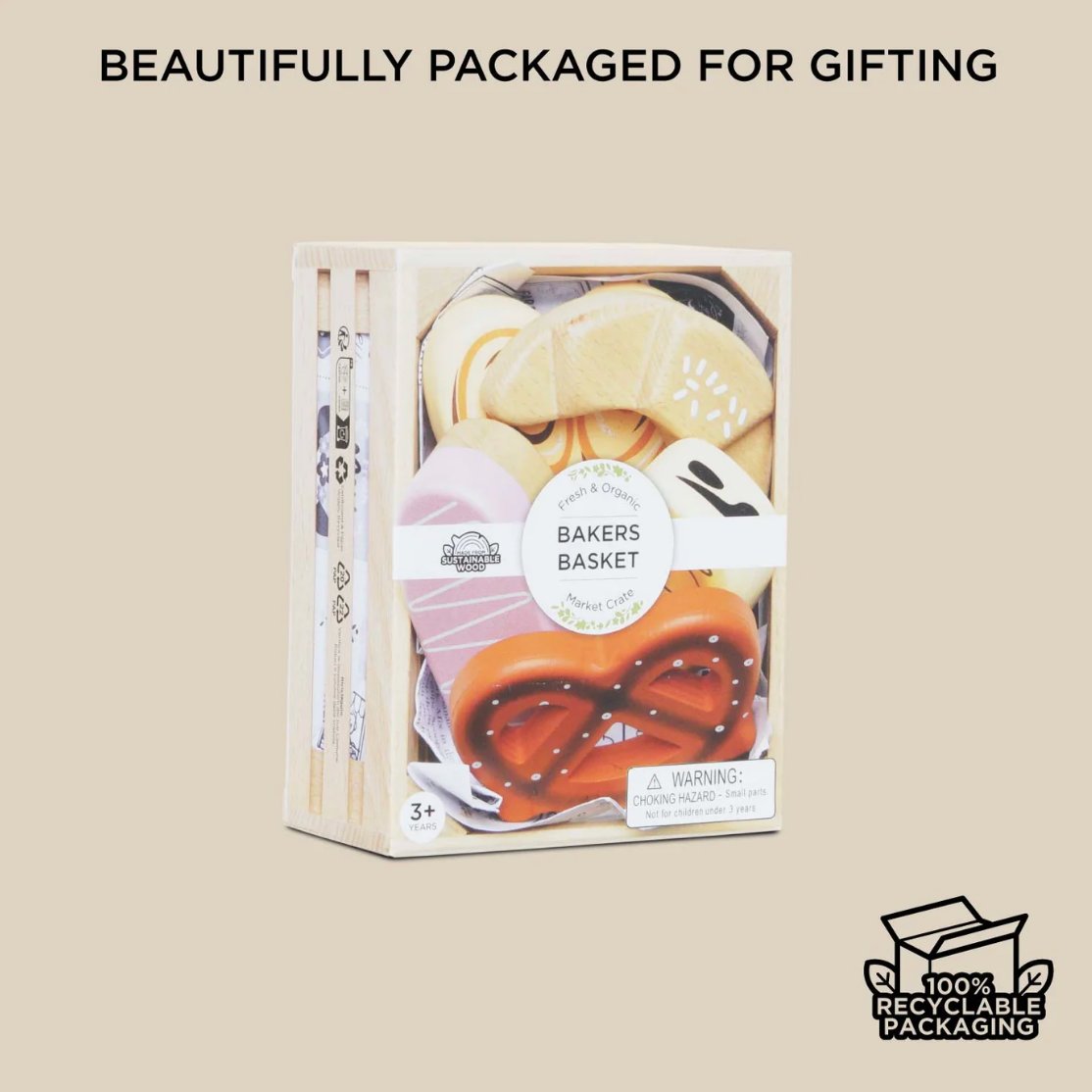 Packaged toy set with 'Bakers Basket' label on a beige background BAKERY & PATISSERIE MARKET CRATE WOODEN TOY | LE TOY VAN
