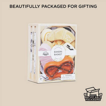 Packaged toy set with 'Bakers Basket' label on a beige background BAKERY & PATISSERIE MARKET CRATE WOODEN TOY | LE TOY VAN
