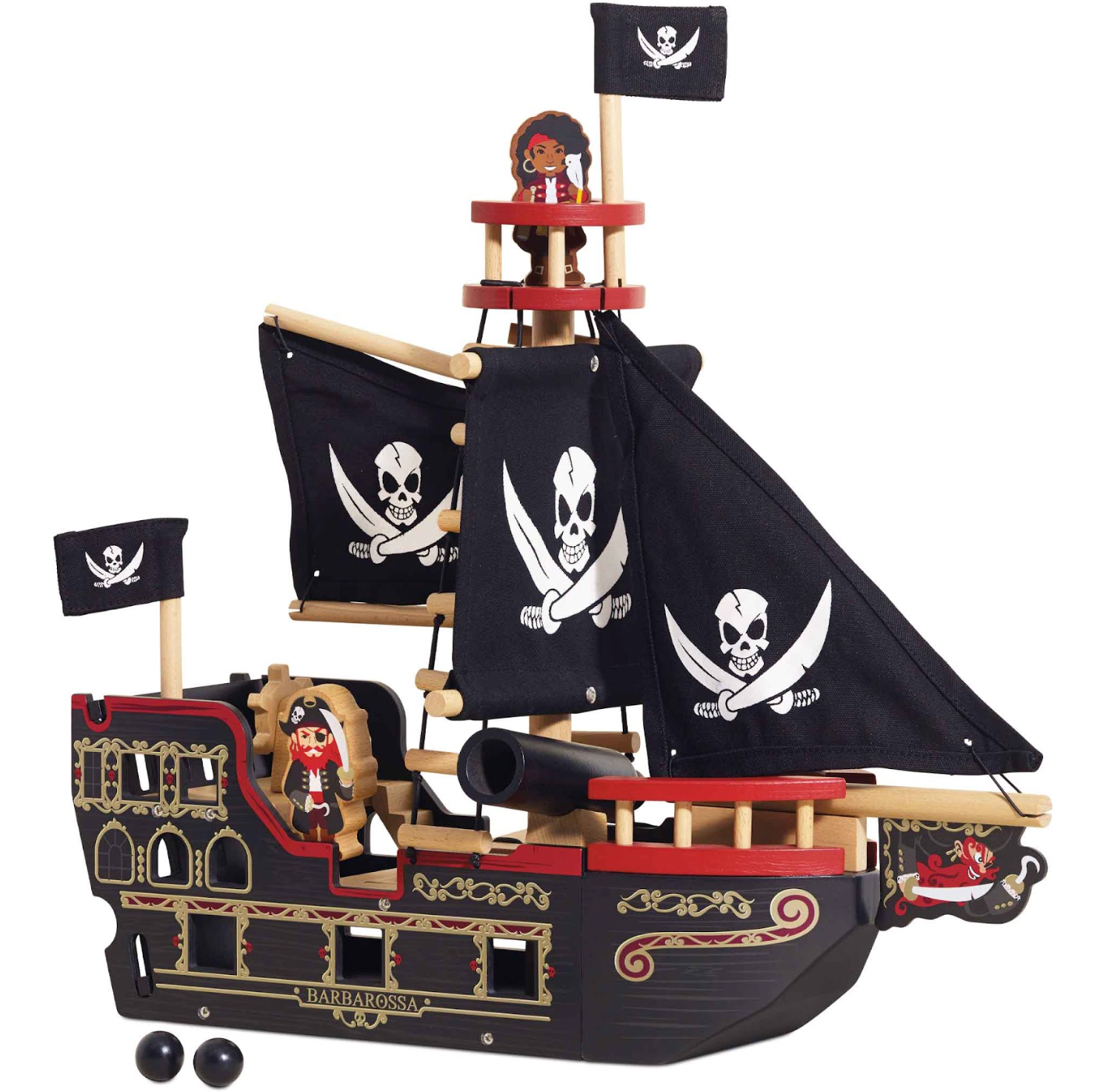 Toy pirate ship with black sails and pirate figures on a white background BARBAROSSA WOODEN PIRATE SHIP & CHARACTERS | LE TOY VAN 