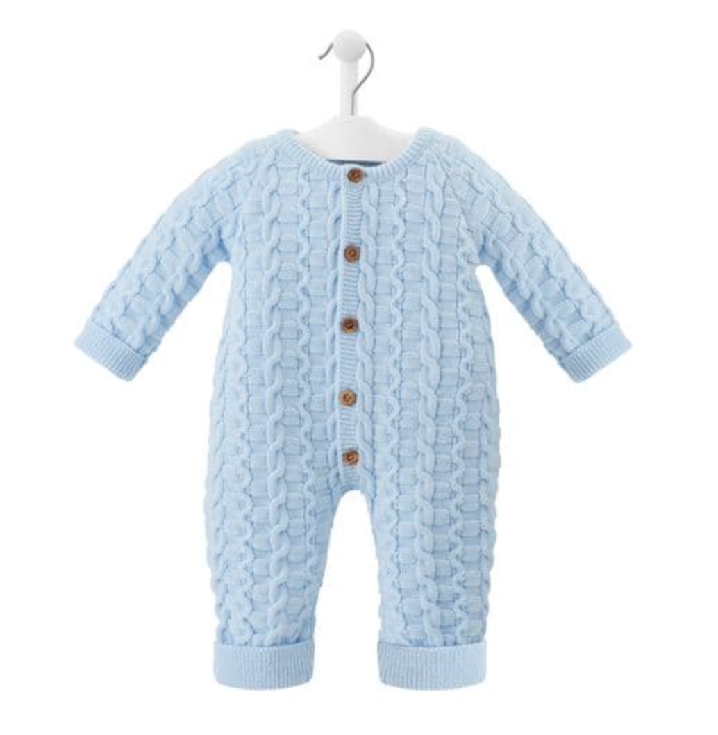 Dandelion Blue cable knitted baby romper with brown wood buttons. BASKET WEAVE BABY ONSIE - BLUE | KNITTED UNISEX BABY ROMPER | DANDELION