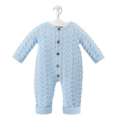 Dandelion Blue cable knitted baby romper with brown wood buttons. BASKET WEAVE BABY ONSIE - BLUE | KNITTED UNISEX BABY ROMPER | DANDELION