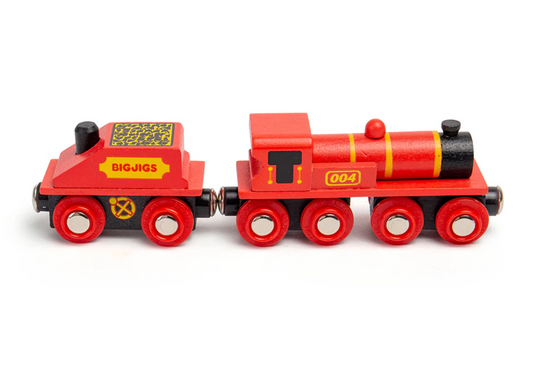 Red toy train engine with 'Bigjigs' branding. BIG RED ENGINE WOODEN TRAIN | BIGJIGS RAIL