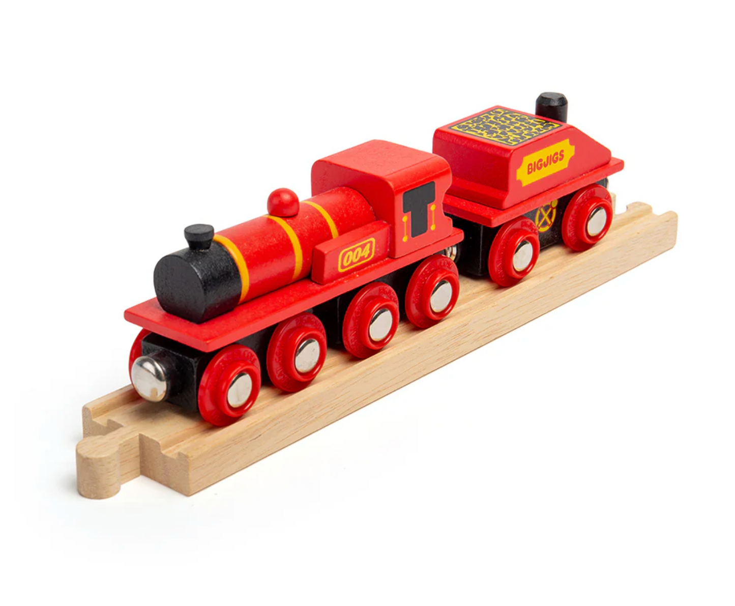Red toy train with black engine and yellow. BIG RED ENGINE WOODEN TRAIN | BIGJIGS RAIL