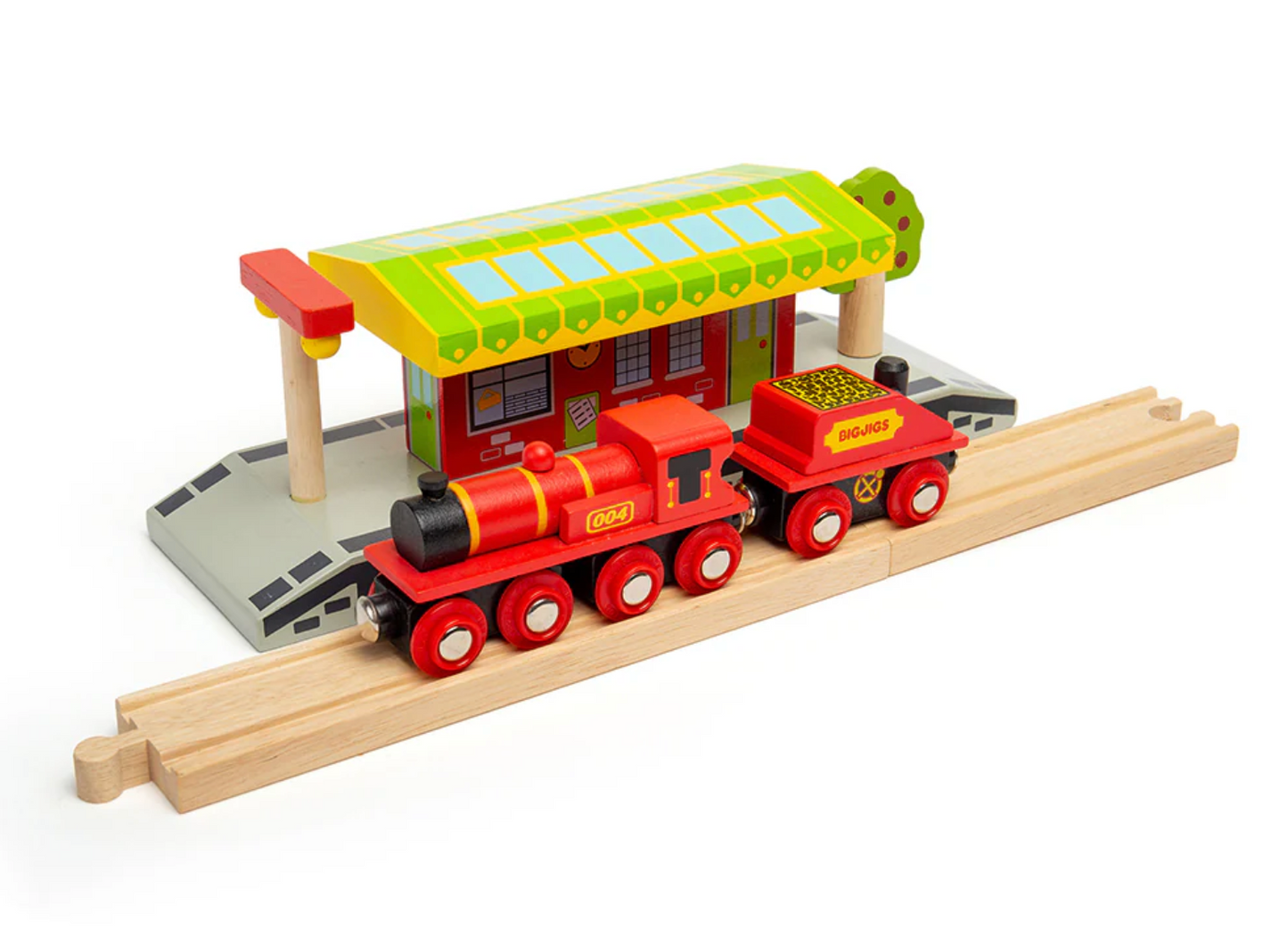 Wooden toy train set with a red engine and green station. BIG RED ENGINE WOODEN TRAIN | BIGJIGS RAIL