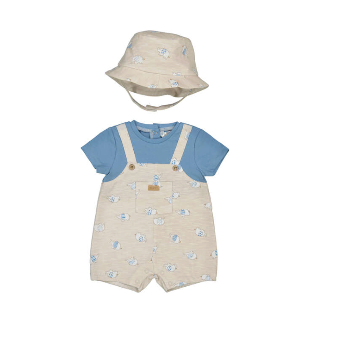 Mayoral Baby outfit set with blue shirt, beige romper dungarees, and matching hat 