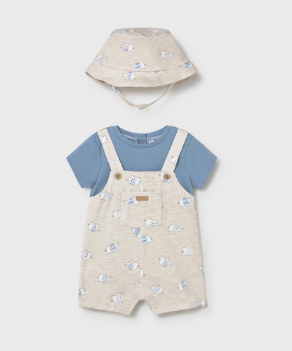 Baby outfit set with blue shirt, beige shorts, and hat. BLUE ELEPHANT BABY DUNGAREES WITH HAT | MAYORAL