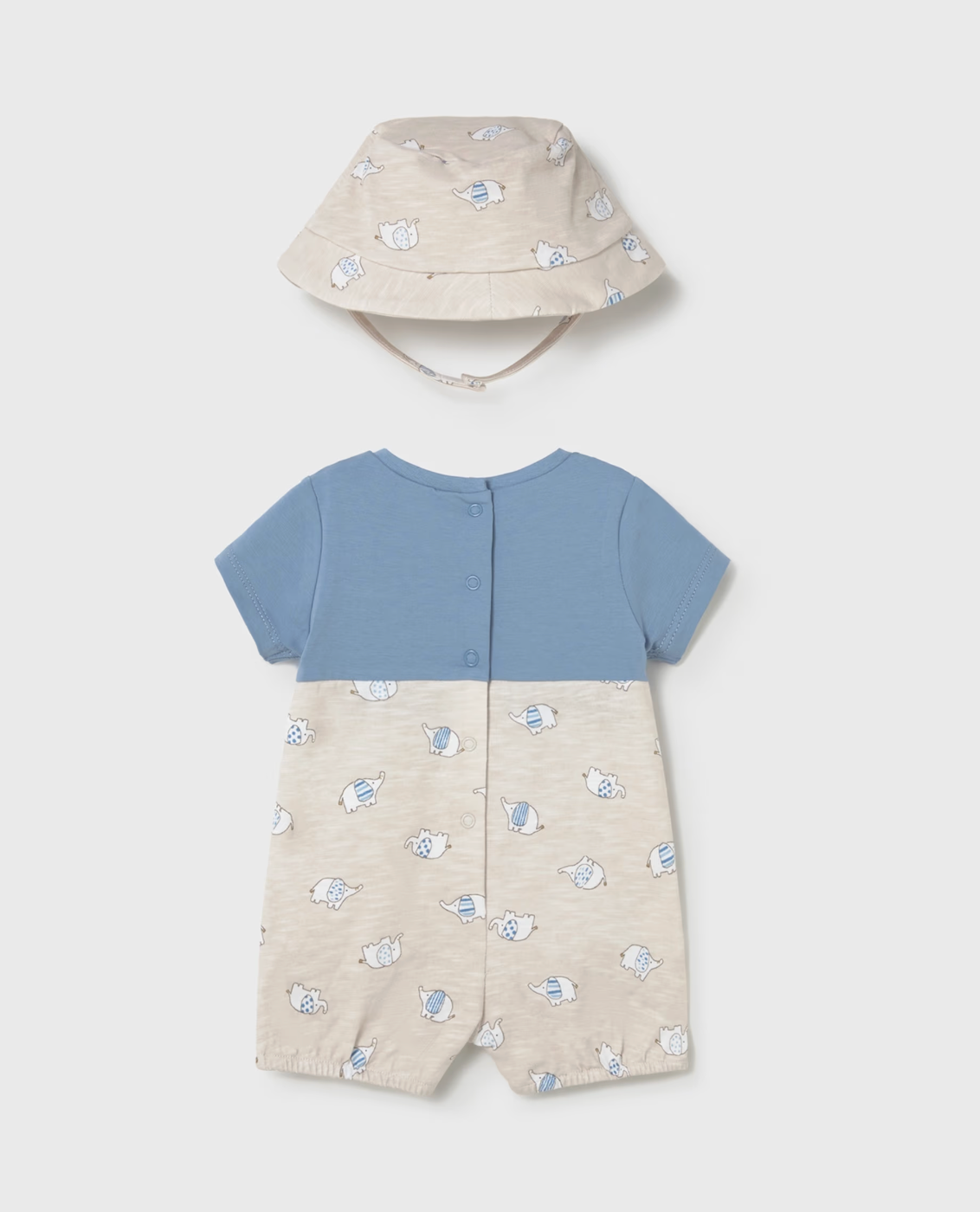 Baby romper with blue top and beige bottom, paired with a matching hat. BLUE ELEPHANT BABY DUNGAREES WITH HAT | MAYORAL