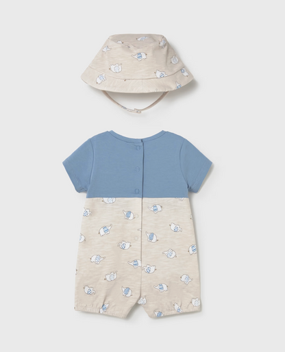 Baby romper with blue top and beige bottom, paired with a matching hat. BLUE ELEPHANT BABY DUNGAREES WITH HAT | MAYORAL