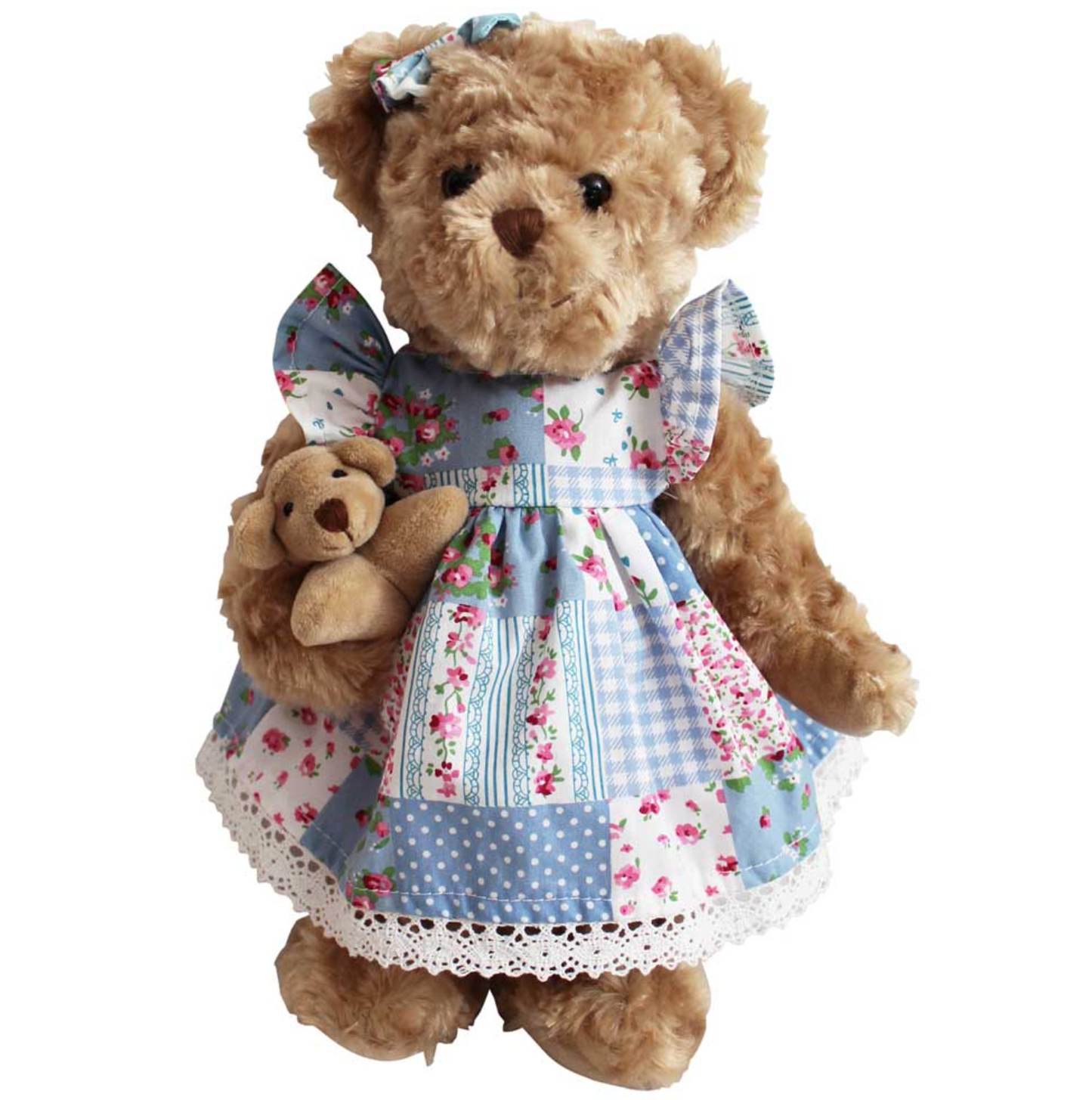 Teddy bear wearing a patchwork dress holding a smaller teddy bear. BLUE FLORAL PATCH-WORK DRESS TEDDY & BABY | POWELL CRAFT