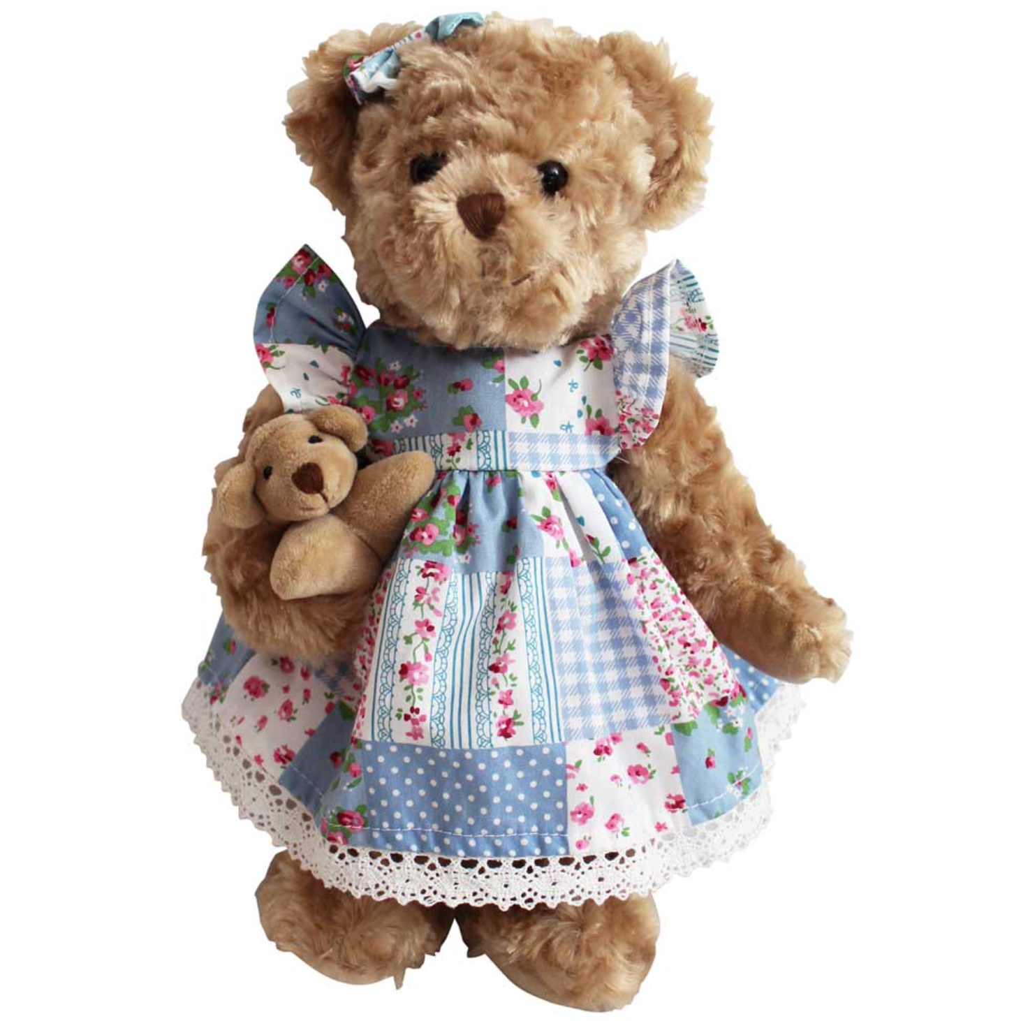 Teddy bear wearing a patchwork dress holding a smaller teddy bear. BLUE FLORAL PATCH-WORK DRESS TEDDY & BABY | POWELL CRAFT