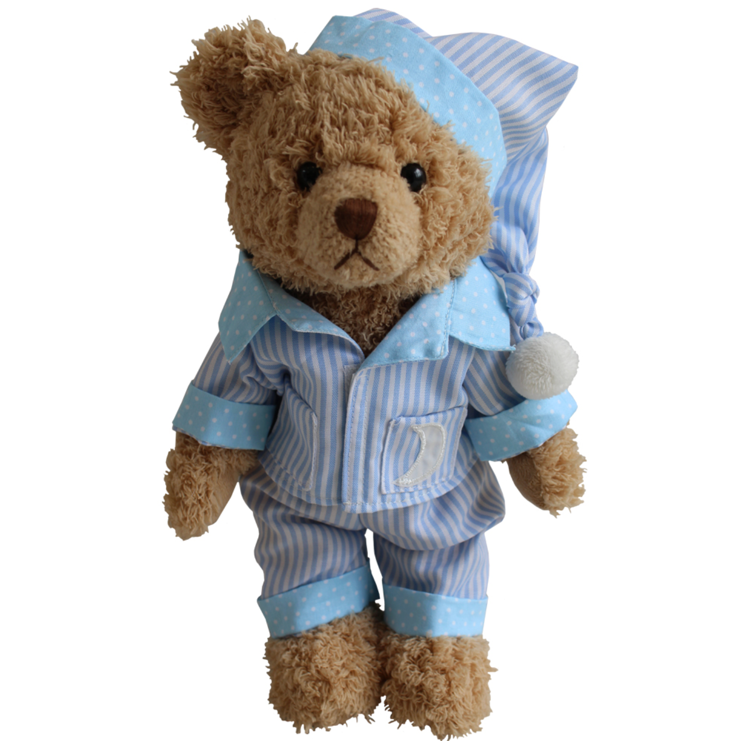 Teddy bear wearing a blue pajama set. blue striped pyjamas teddy bear soft toy. BLUE STRIPE PYJAMAS TEDDY BEAR – SOFT CUDDLY TOY IN BLUE NIGHTWEAR