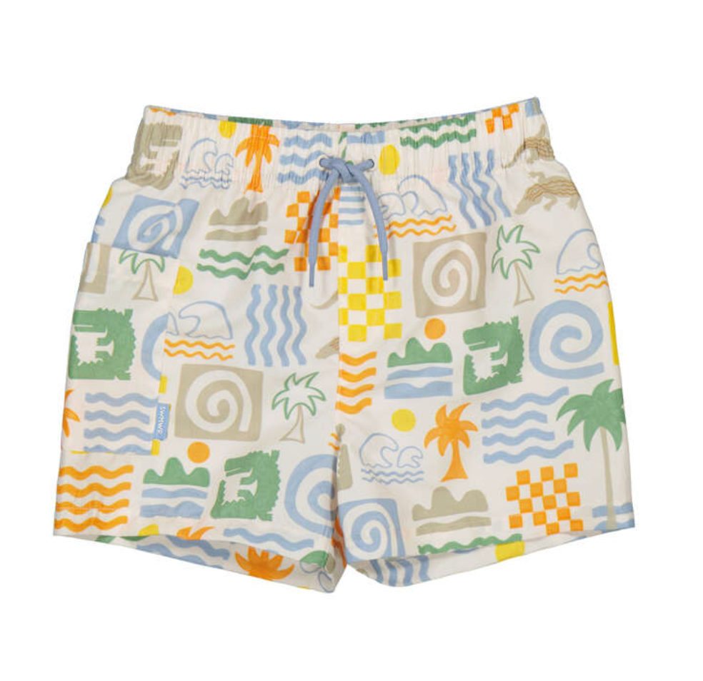 Boys Mayoral Colourful patterned shorts with palm trees and geometric shapes on a white background