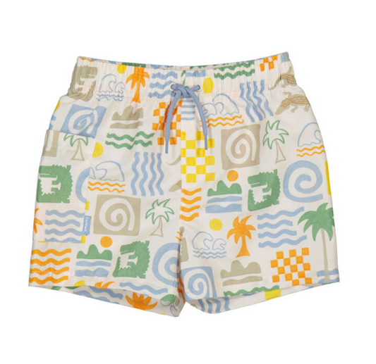 Boys Mayoral Colourful patterned shorts with palm trees and geometric shapes on a white background