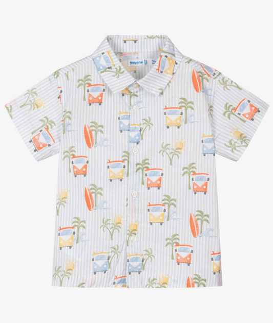 Short-sleeve shirt with a tropical pattern on a white background BOYS BLUE VAN SHORT SLEEVE COTTON SHIRT | MAYORAL 