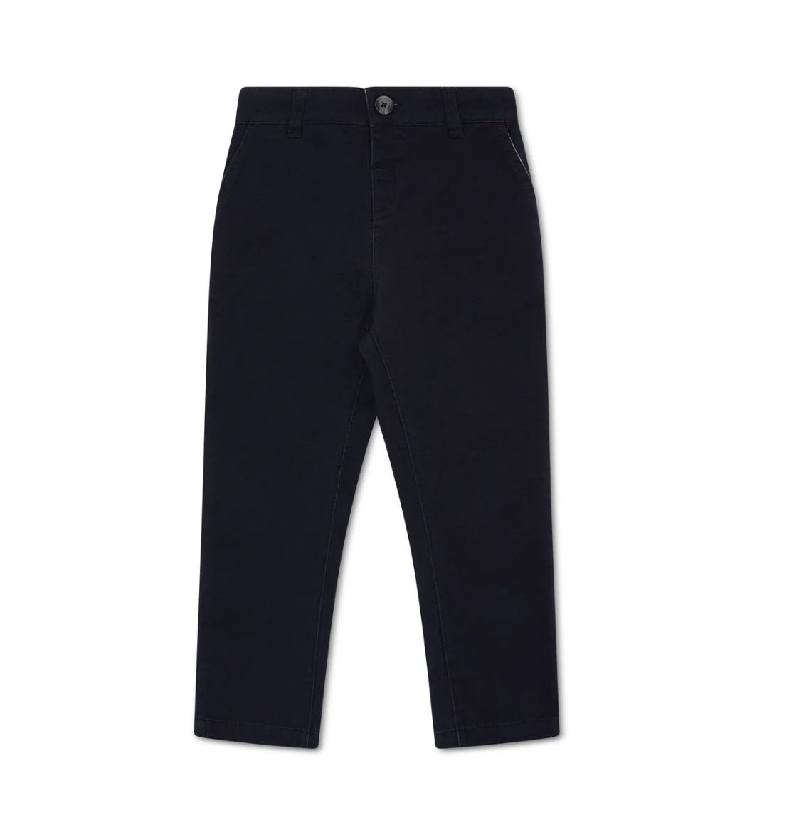 BOYS ELASTICATED WAIST CHINO TROUSERS - NAVY WITH BURGUNDY TRIM | ELEANOR CHARLES